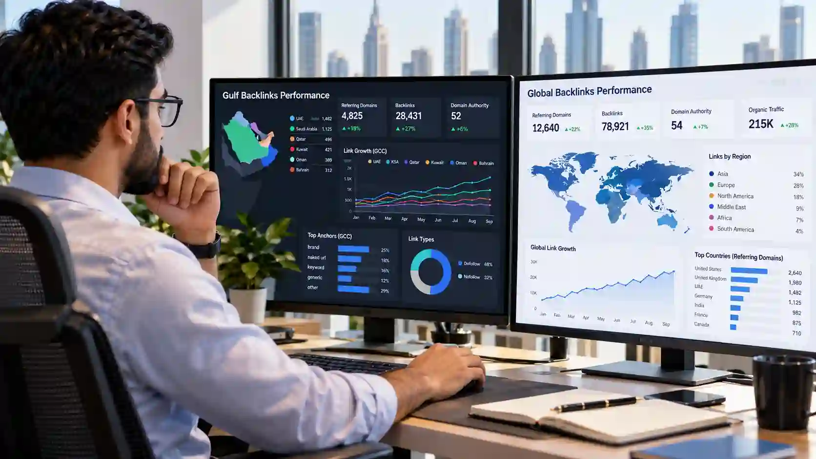 Professional SEO strategist comparing Gulf backlinks and global links performance analytics on a modern workstation