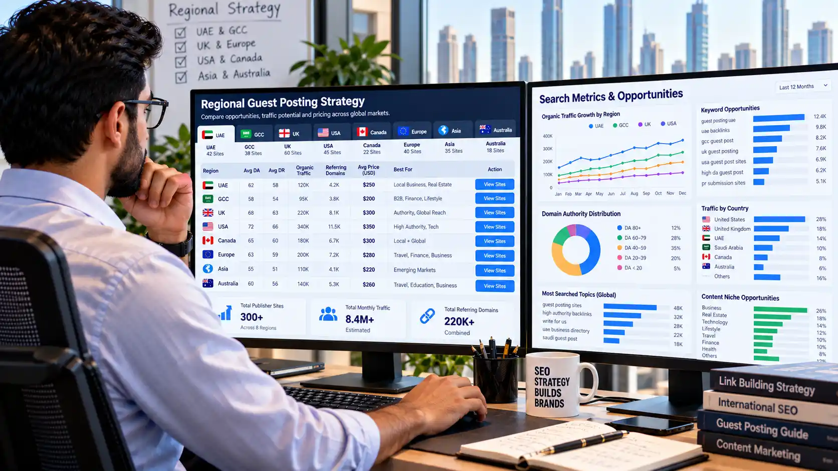 Professional SEO consultant analyzing safe guest posting strategies and regional search metrics in Saudi Arabia