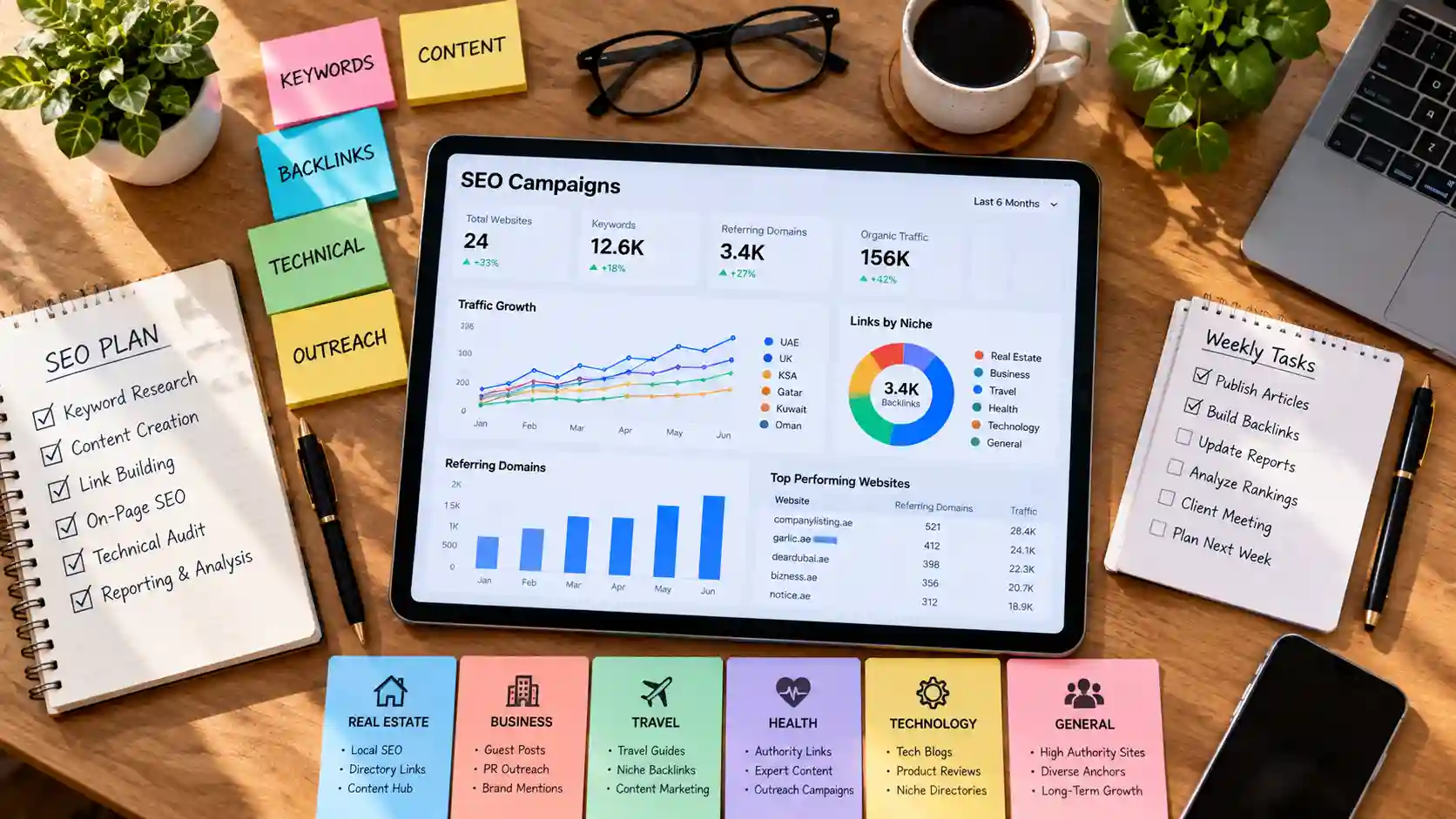 Minimalist flat lay photography of color-coded project planning cards, a sleek tablet showing multi-niche campaign dashboards, and a warm ceramic coffee cup on a wooden agency desk
