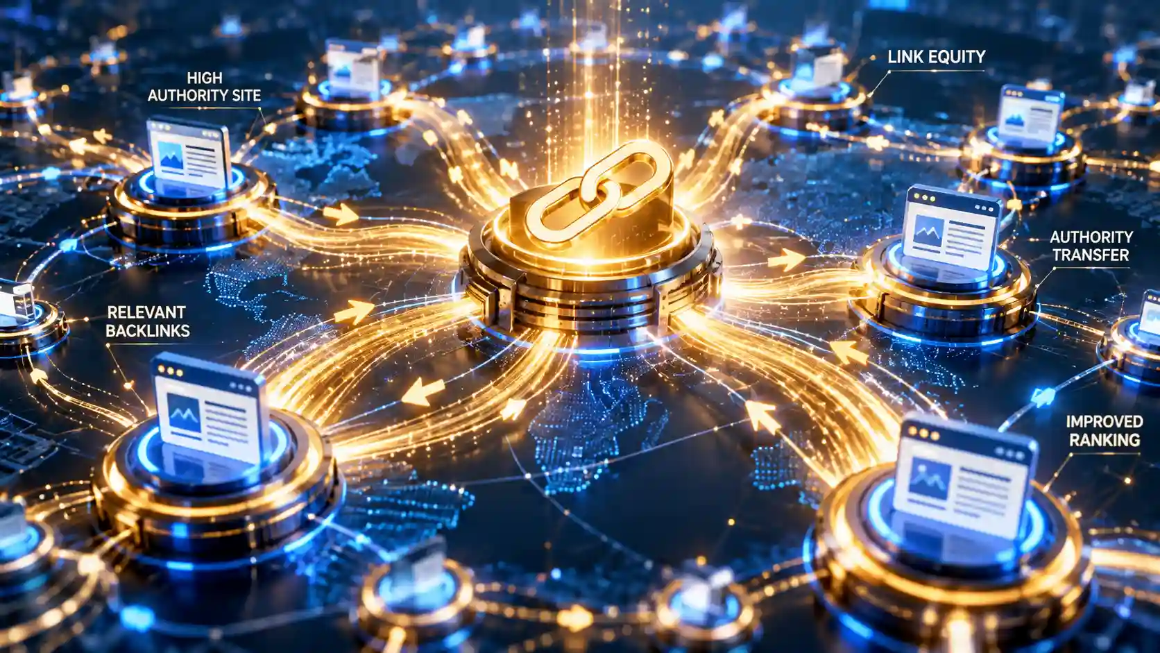 Conceptual digital illustration of glowing energy streams flowing between interconnected network nodes and digital pillars